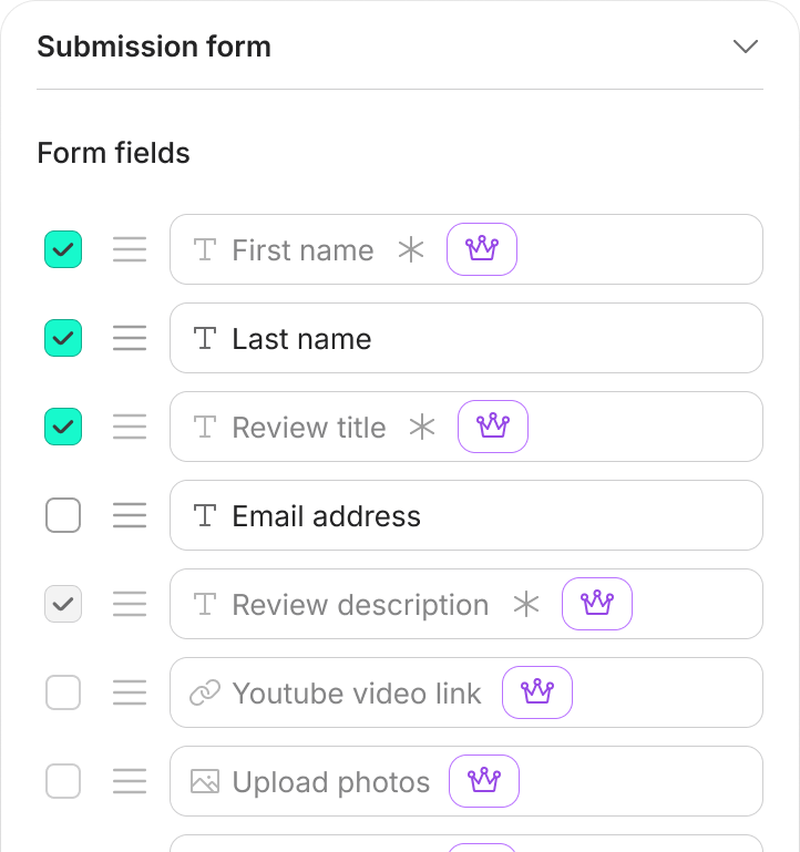 ReviewScribe submission form settings: a list of form fields (first name, last name, review title, email address, review description, YouTube video link, upload photos) that can each be enabled, marked as required and reordered