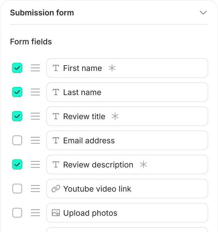ReviewScribe submission form settings: a list of form fields (first name, last name, review title, email address, review description, YouTube video link, upload photos) that can each be enabled, marked as required and reordered