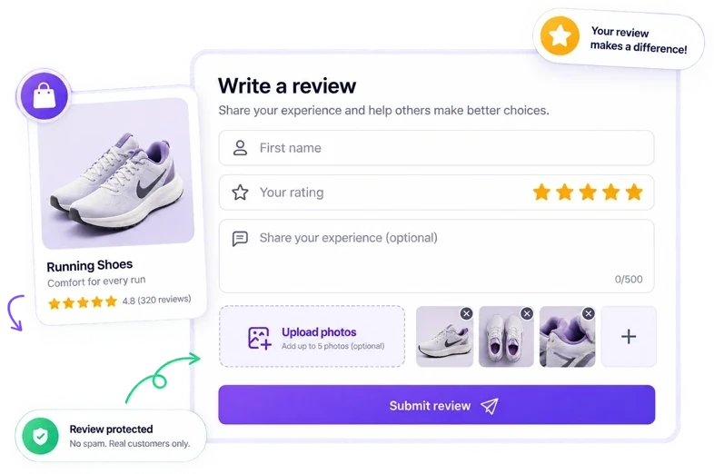 ReviewScribe review form with a star rating, comment field, photo uploads and spam protection