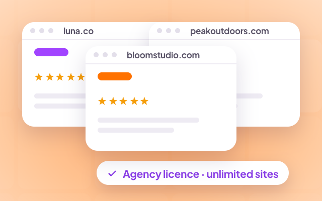 Three client websites, each showing its own star ratings, under one Agency licence for unlimited sites