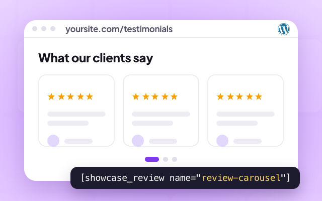 A WordPress testimonials page showing a review carousel, added with a showcase shortcode