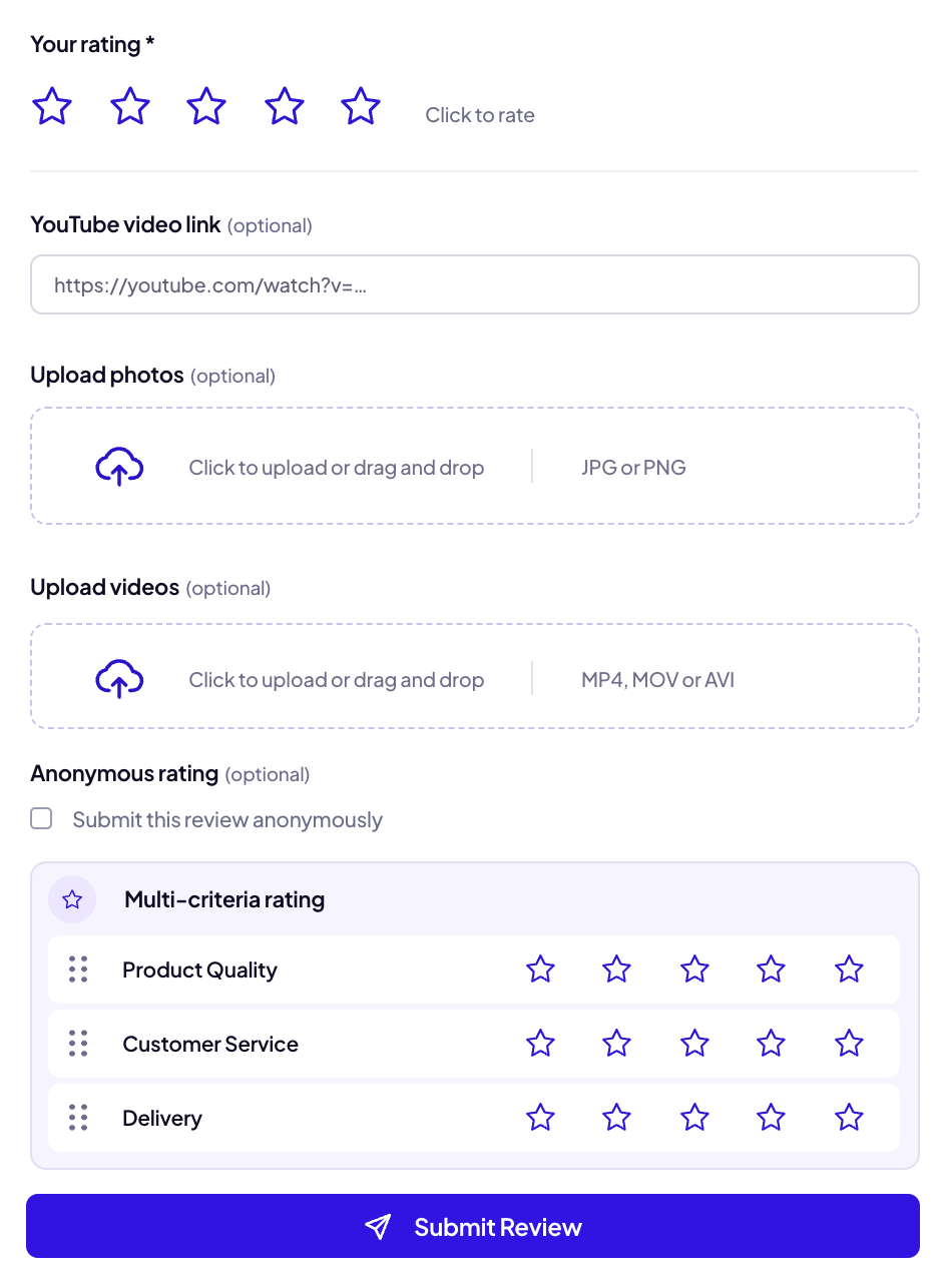 ReviewScribe review form with a star rating, YouTube video link, photo and video uploads, an anonymous-review checkbox and multi-criteria ratings for product quality, customer service and delivery