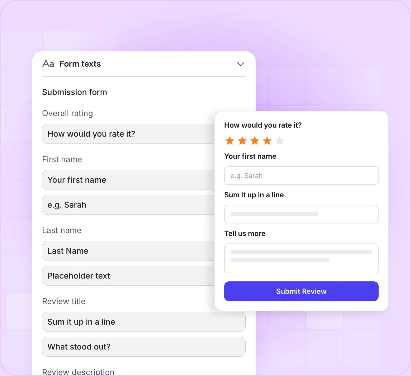 The plugin’s Form texts settings with custom labels such as “How would you rate it?” and “Your first name”, beside the review form showing them
