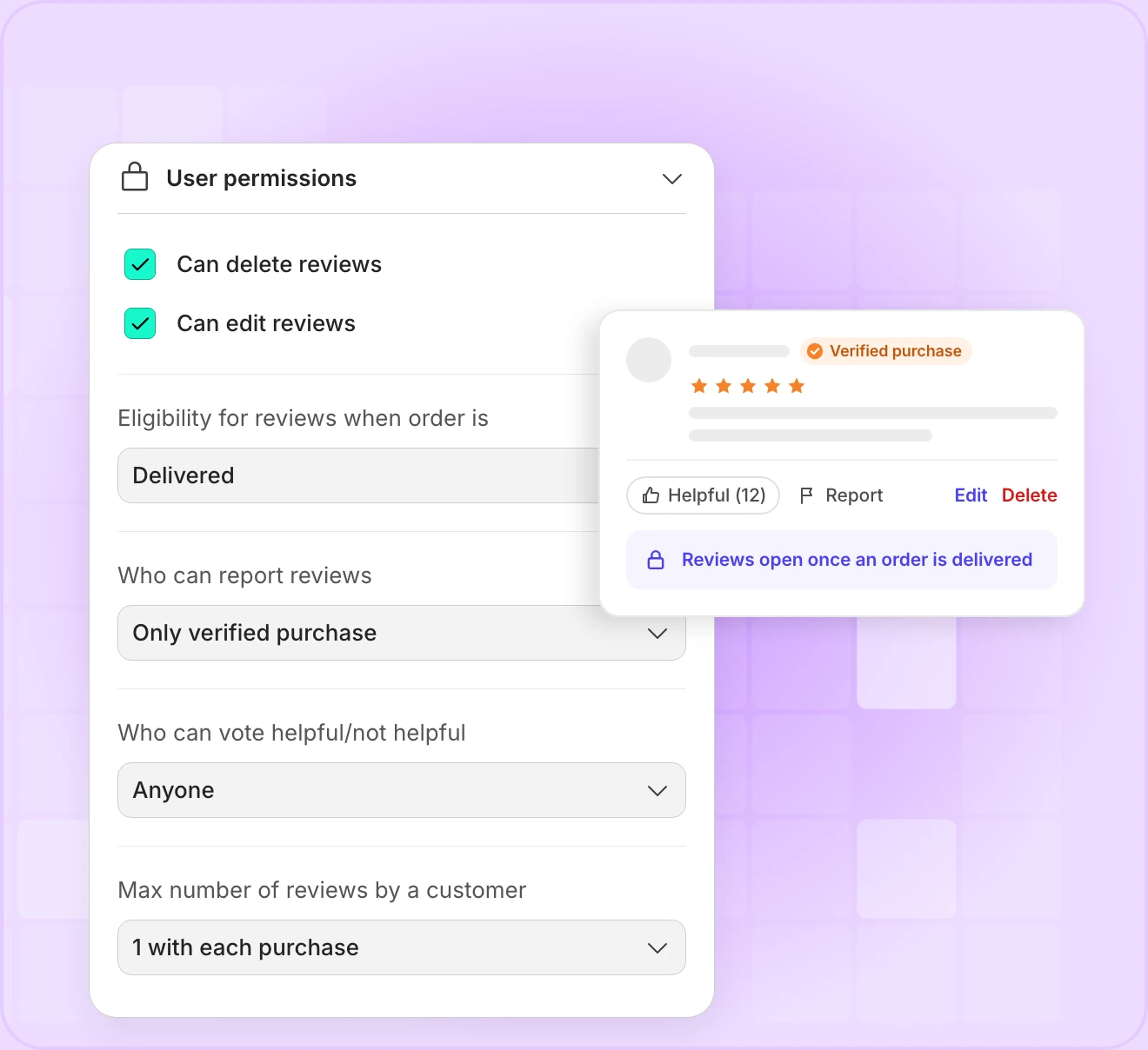 The plugin’s User permissions settings, beside a review with Helpful, Report, Edit and Delete actions and a note that reviews open once an order is delivered