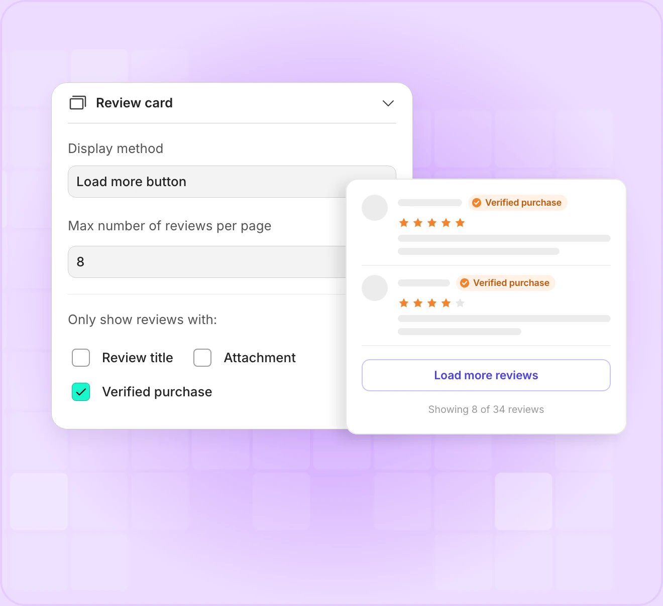 The plugin’s review card settings set to a Load more button, 8 reviews per page and verified purchases only, beside a list of verified reviews with a Load more reviews button