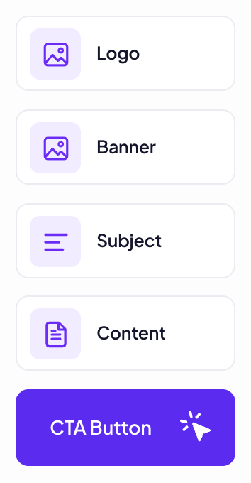 Email template editor blocks: logo, banner, subject, content and CTA button