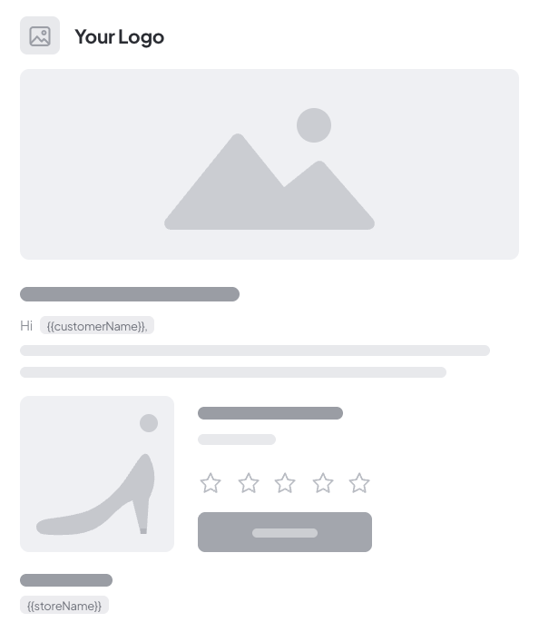 Preview of a branded review request email with a logo, banner, product image, star rating and review button