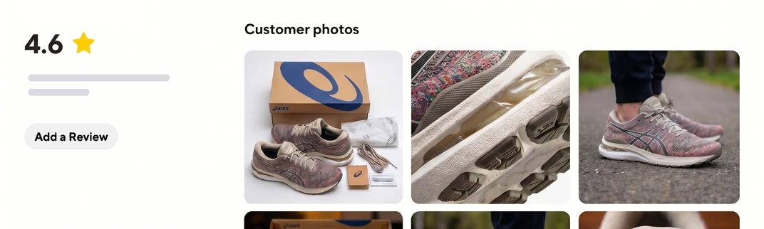 Product rating of 4.6 with an Add a Review button beside a grid of customer photos of running shoes